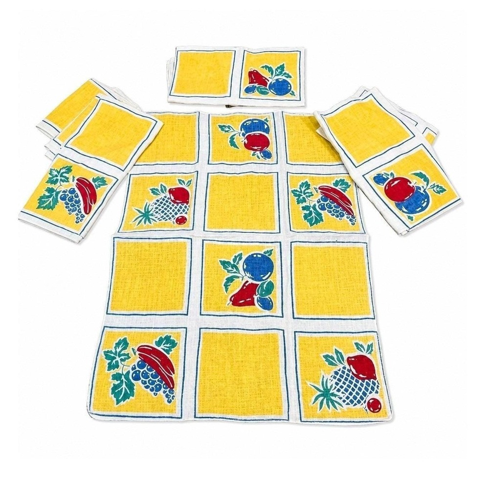 Fruit Print Linen Set of 6 Yellow Blue Red Retro MCM Table Decor Vintage 15x11"